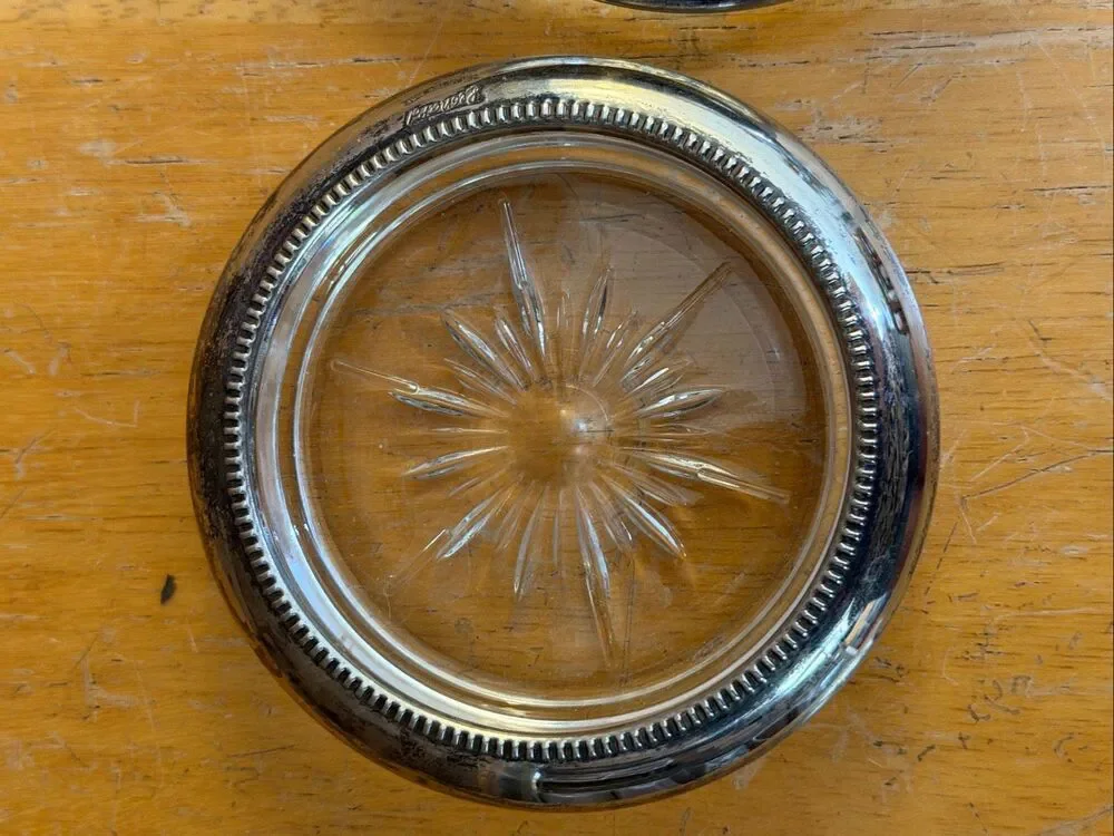Leonard Silverplate Crystal Glass Coasters Set of 2 Starburst Beaded Rim (9255)